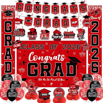 Graduation Decorations 2026 Red Set, Congrats Grad Decor Set by Unknown