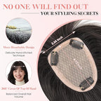 Hairro Human Hair Toppers with Wispy Bangs, 3.5x4.7" Hand-wovened Base for Women with Thinning Hair, Lightweight & Breathable Realistic Scalp, Clip-in Hairpieces for Easy Wear, 12 Inch Natural Black