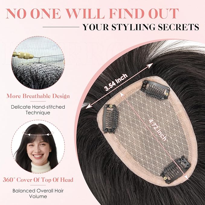 Hairro Human Hair Toppers with Wispy Bangs, 3.5x4.7" Hand-wovened Base for Women with Thinning Hair, Lightweight & Breathable Realistic Scalp, Clip-in Hairpieces for Easy Wear, 12 Inch Natural Black