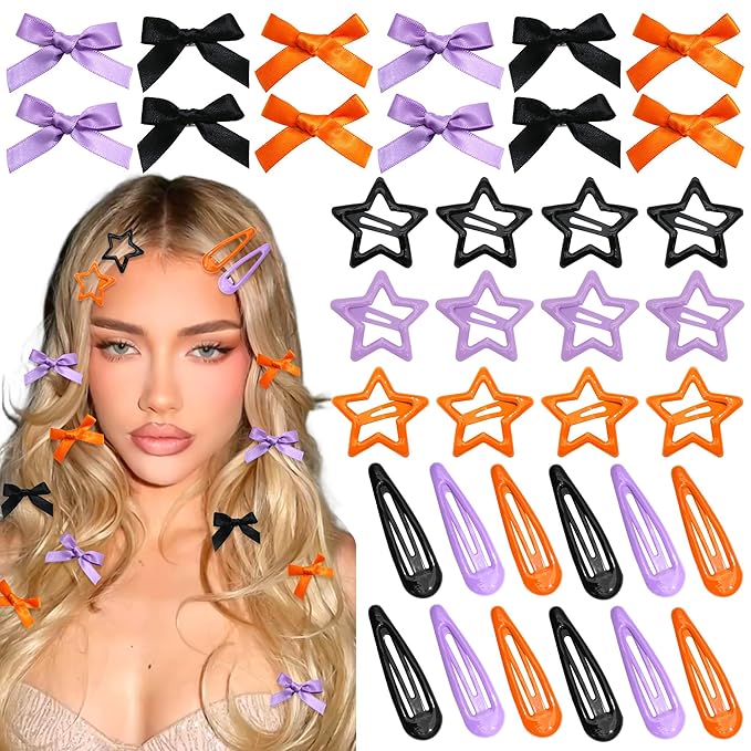 36Pcs Orange Mini Bow Hair Clips Y2K Star Metal Hair Barrettes Christmas Non Slip Water Drop Hair Clips Small Ribbon Hair Bows Cute Snap Bowknot Hair Claw Clips Accessories for Women Girls