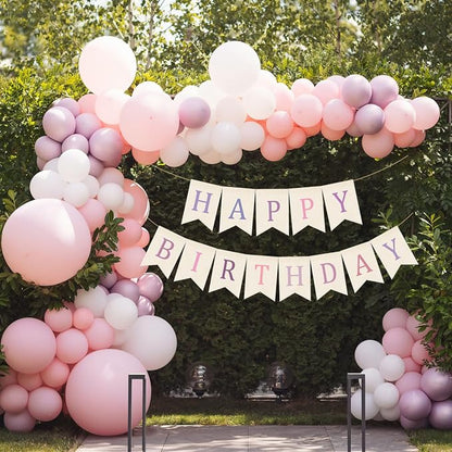 Doumeny Happy Birthday Burlap Banner Boho Birthday Garland Bunting Purple Pink - Image 5