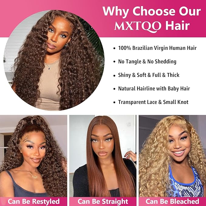 13x6 Lace Front Wigs Human Hair 200 Density Chocolate Brown Deep Wave HD Lace Front Wigs Human Hair Pre Plucked Brown Curly Wig Human Glueless Wigs for Women (24 Inch)