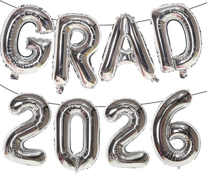 Silver GRAD 2026 Banner Balloons, 16 Inch Mylar Foil letter Graduation Balloons by KALOR