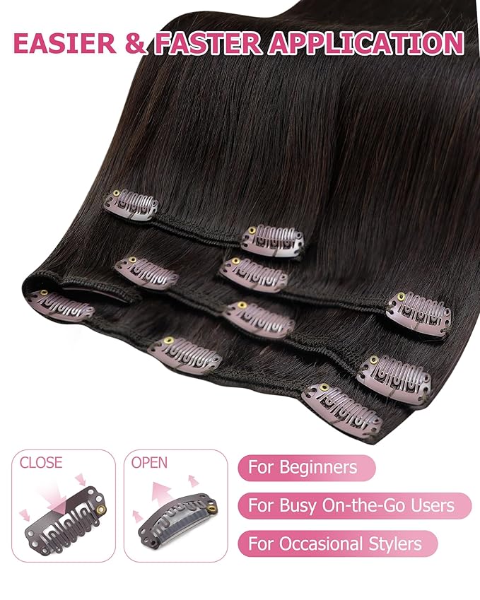 YoungSee Clip in Hair Extensions Human Hair Brown Clip on Hair Extensions for Women Darkest Brown Clip in Human Hair Extensions Silky Remy Hair 20Inch 120G 7Pcs