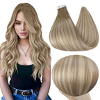 Full Shine Tape in Hair Extensions Human Hair 16Inch Seamless Tape in Extensions Color 8 Light Brown Ombre 60 Platinum Blonde and 18 Ash Blonde Remy Hair Extensions Tape ins 20Pcs 50G for Bridal