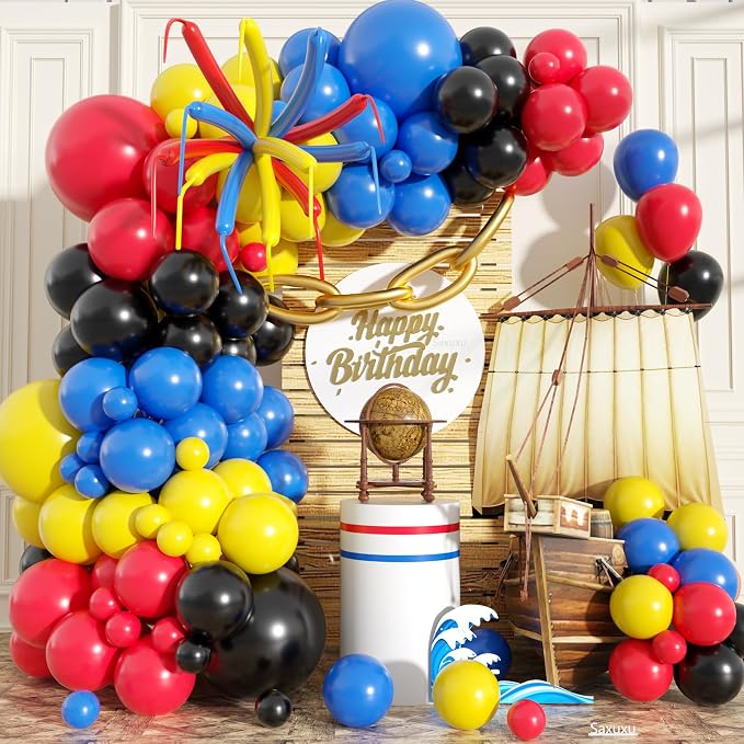 Blue Red Yellow Black Balloon Arch Kit, Long Balloons by Saxuxu