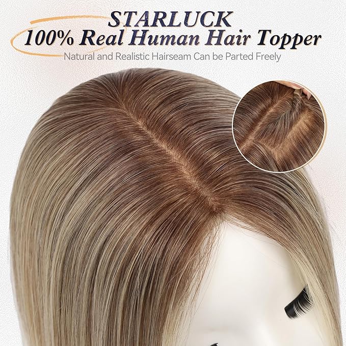 starluck Human Hair Toppers for Women Real Human Hair No Bangs 4 * 5.5 inch Base 12 inch SilkHug Hair Topper for Women Cover Grey Roots(Gray Brown with Platinum)