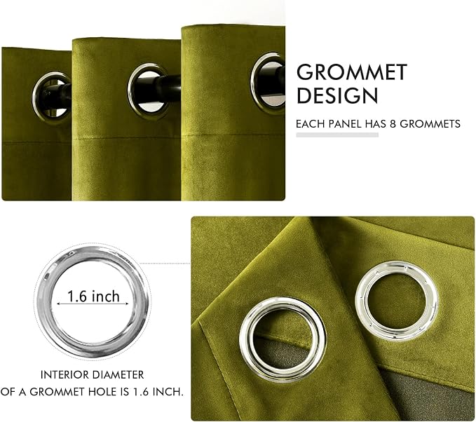 MIULEE Velvet Curtains Light Olive Green 52 x 90 Inch Length Set of 2 | Grommet - Image 2
