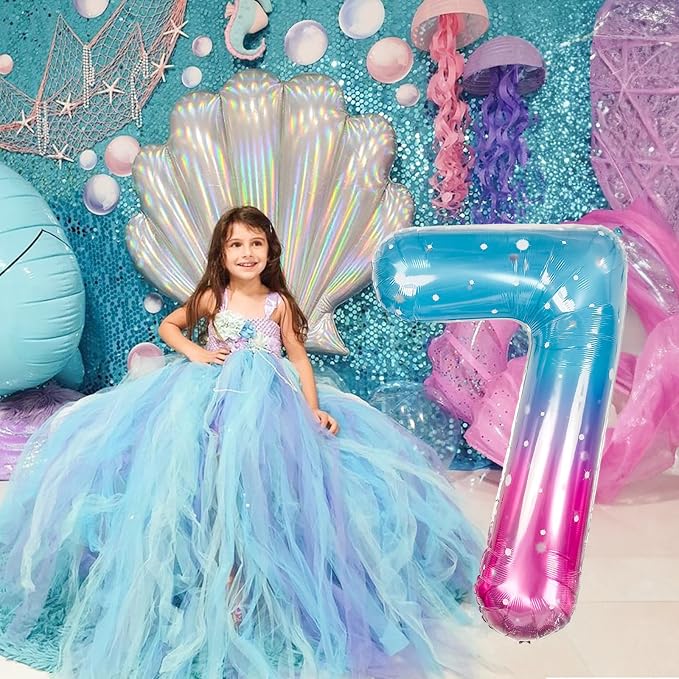 40 Inch Balloon Number 7 Mermaid, Large Mylar Foil Blue Pink Starry Number - Image 5