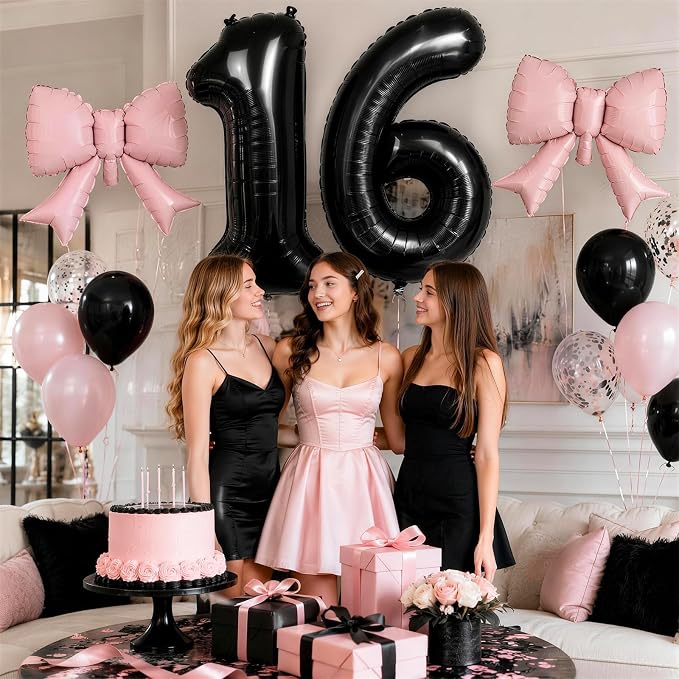 40 Inch Black Number 3 with Pink Bow Balloon, Giant Self Inflating Black Foil - Image 6
