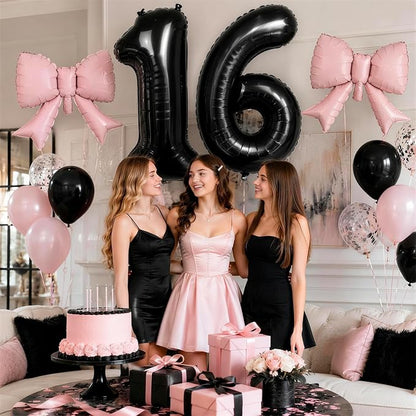 40 Inch Black Number 3 with Pink Bow Balloon, Giant Self Inflating Black Foil - Image 6