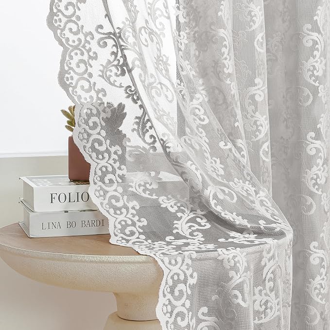 FOLKSIDE Grey Lace Curtains 54 Inch Length 2 Panels Paisley Pattern Rod Pocket - Image 4
