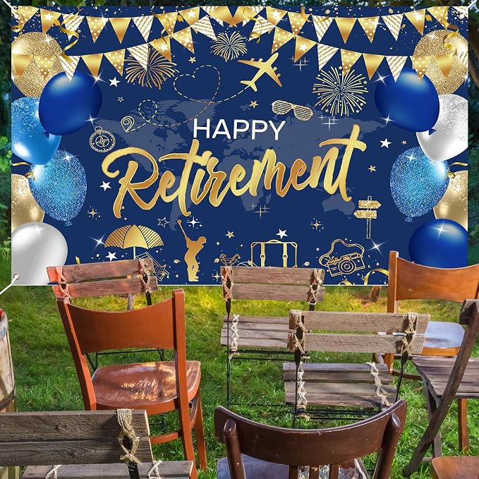 Mocsicka Happy Retirement Party Decorations Backdrop Banner 6x3.6ft | Blue Gold - Image 2