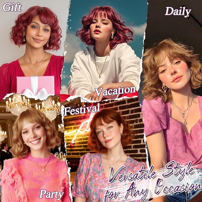 BARSDAR Red Ombre Short Wavy Wig with Bangs - Short Wavy Black to Red Ombre Wig for Women - Soft Synthetic Fluffy Curly Textured French Bob Wigs with Bangs Natural Looking Face-Framing