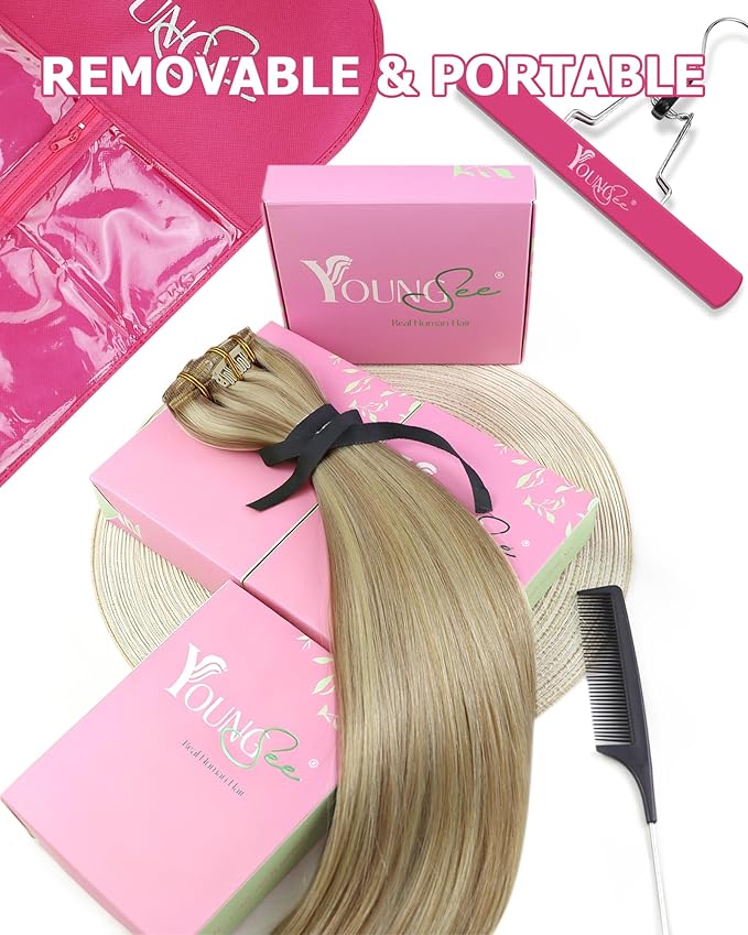 YoungSee Blonde Clip in Hair Extensions Real Human Hair Light Blonde Highlighted Golden Blond Clip on Hair Extensions for Women Human Hair Clip in Extensions Long Straight Hair 22Inch 120G 7Pcs