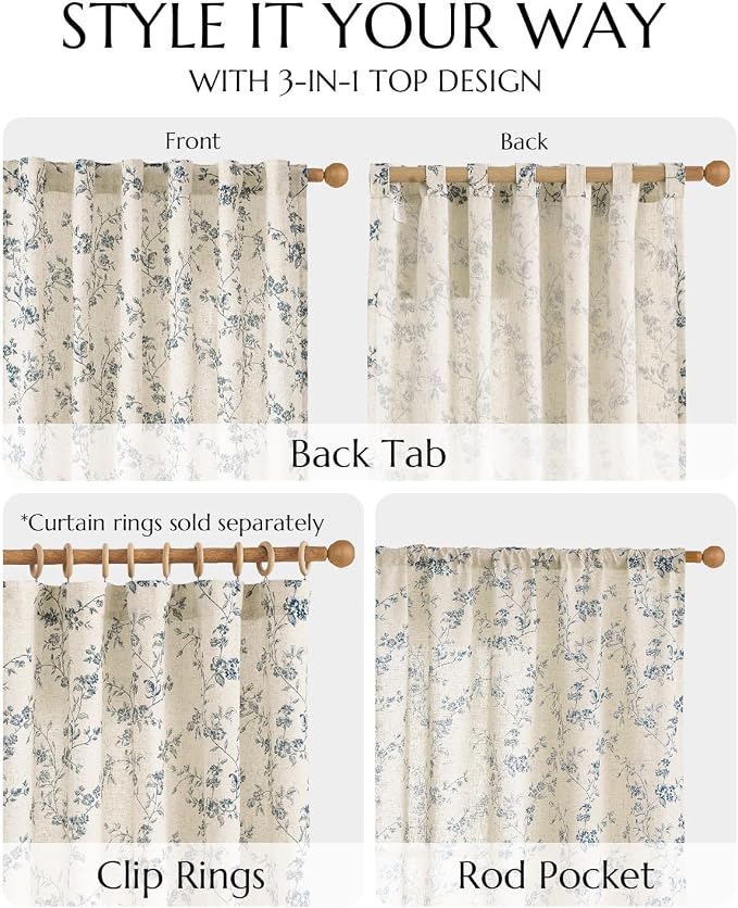 jinchan Blue Floral Linen Curtains 63 Inch French Country Back Tab 2 Panels | - Image 8