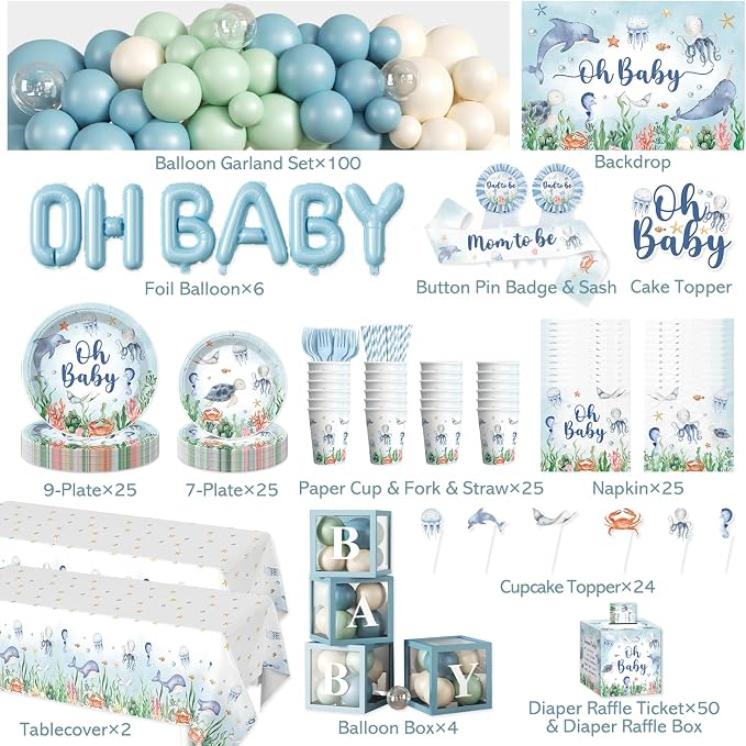 Cocomigo 347PCS Under the Sea Baby Shower Decorations Set Serves 25 | Includes - Image 2
