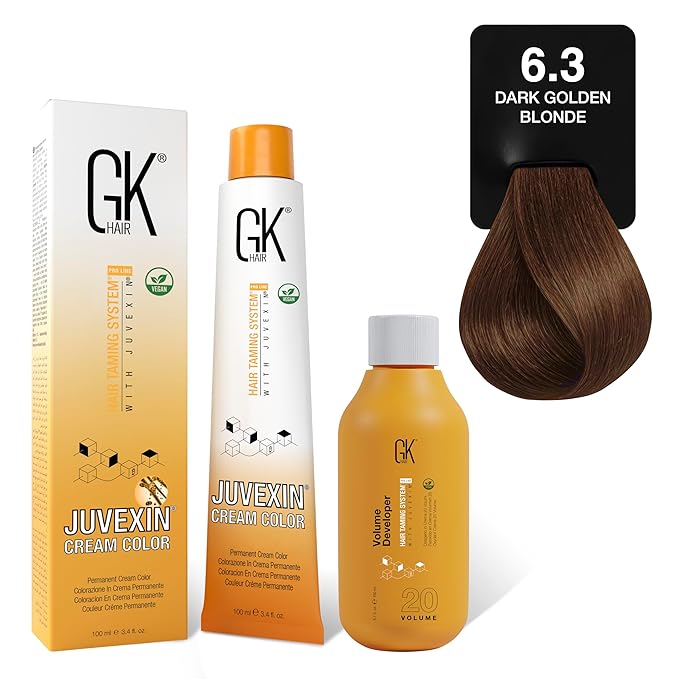 GK HAIR Global Keratin Goldens 6.3 Dark Golden Blonde Hair Color Cream Tube (3.4 Fl Oz/100ml) + 20 Volume Developer (5 Fl Oz/150ml) - Professional Permanent Long Lasting Toner Dye