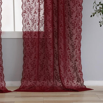 Burgundy Sheer Curtains for Bedroom Rustic Floral W42 x L54 Inch, 2 Panels | - Image 5
