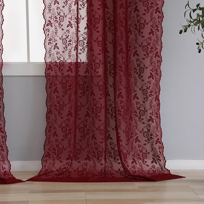 Burgundy Lace Curtains for Bedroom Rustic Leaf Floral 42x63 Inch 2 Panels | Rod - Image 6