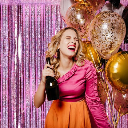PIGETALE Pink Foil Fringe Curtains, 2 Pack 3.2 x 8.2 ft Party Backdrop | - Image 3