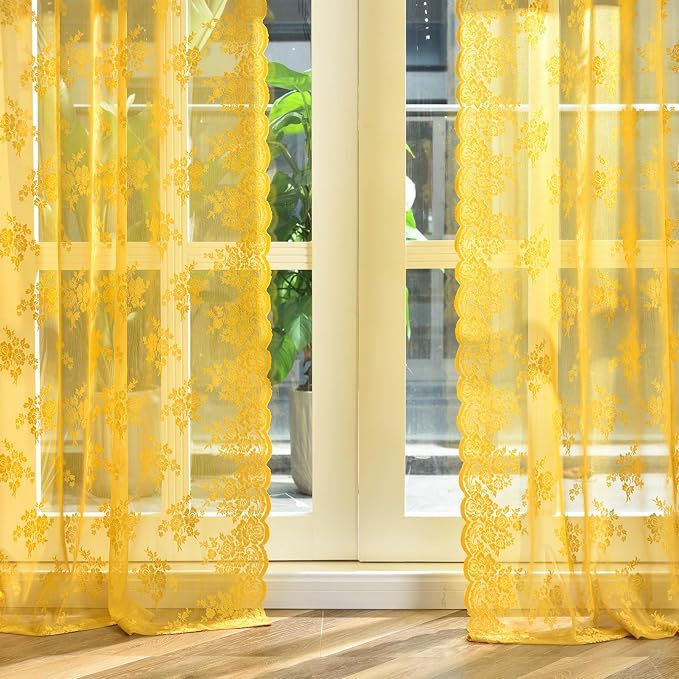 Kotile Mustard Yellow Sheer Lace Curtains - Image 7