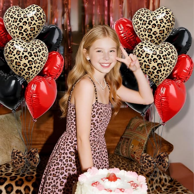 15Pcs Leopard Print Red Black Heart Balloons 18 Inch cheetah Heart Shaped Foil - Image 5
