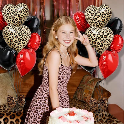 15Pcs Leopard Print Red Black Heart Balloons 18 Inch cheetah Heart Shaped Foil - Image 5