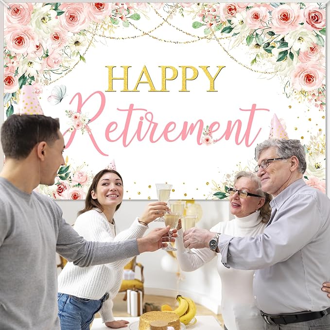 Mocsicka Happy Retirement Backdrop Pink Floral Retirement Banner - Image 5