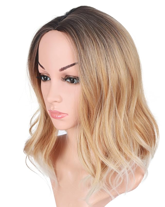 Short Curly Ombre Blonde Bob Hair Wigs For Women Synthetic Middle Part Wig With Brown Roots Party Costume Cosplay Wig (Ombre Blonde-9143)