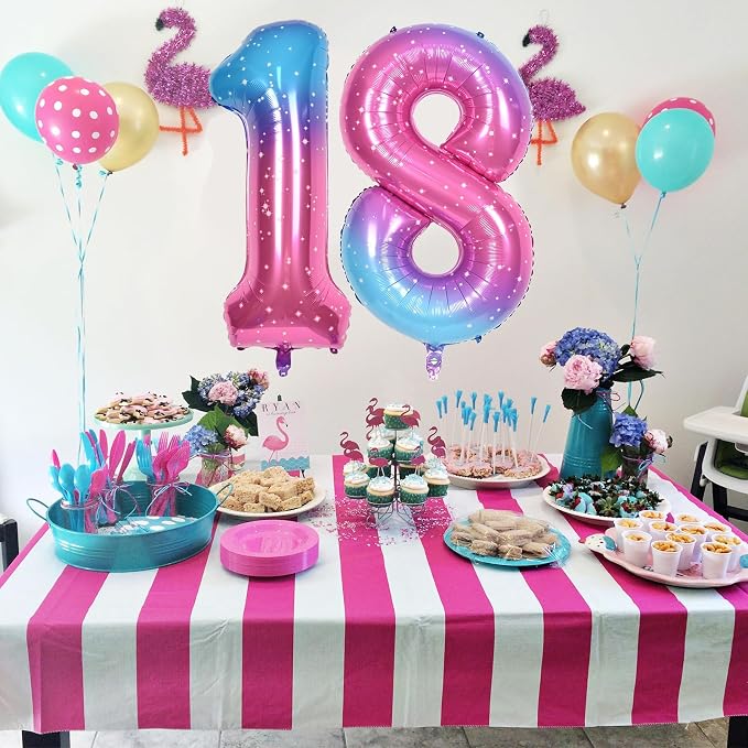 Gradient Blue Pink Number Balloons, Colorful Starry Self Inflating Number - Image 6