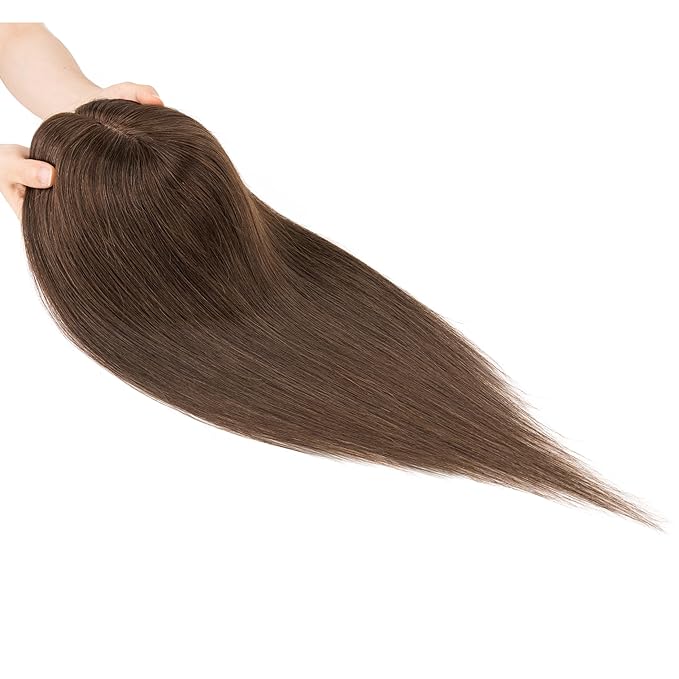 Hairro Human Hair Toppers Free Parted, 3.5x4.7" Base Hand-wovened 100% Real Hairpieces, with Invisible Clips-in for Women, for High Hairline/Adding Volume on Top, 10 Inch Dark Brown