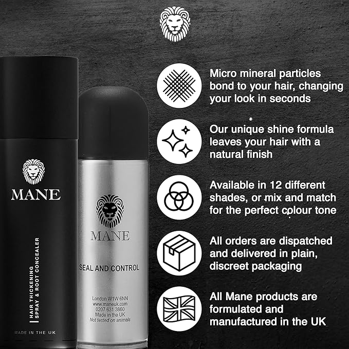 Mane Hair Thickening Spray & Root Touch Up, Seal & Control Combo Pack, Instantly Thicker Hair for Men & Women, Fill in Hairlines and Hide Thinning and Fine Patches - Light Brown, 12 Colors (6.76 oz)