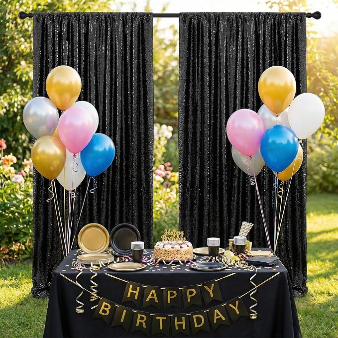 Black Sequin Backdrop Curtains 2 Pcs 5ftx8ft Sparkle Backdrop Drapes | Glitter - Image 6