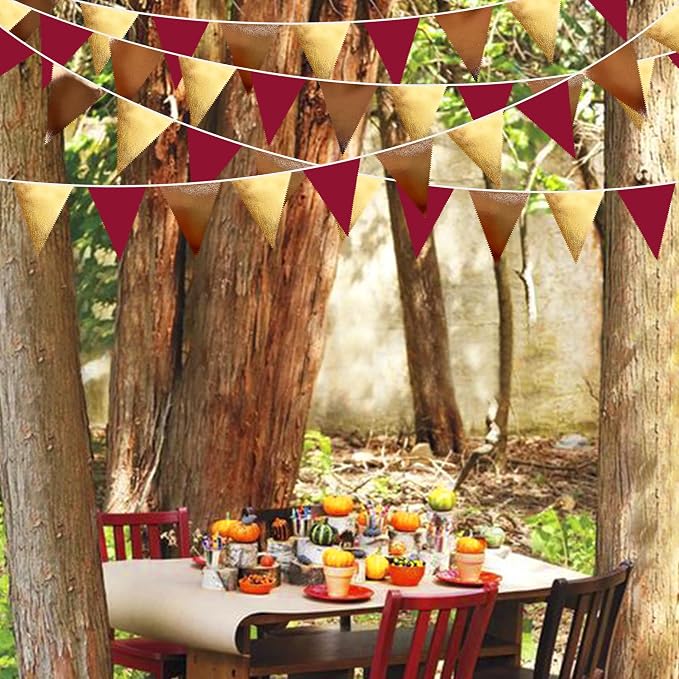Fall Party Decorations Maroon Gold Brown Metallic Fabric Triangle Pennant - Image 6