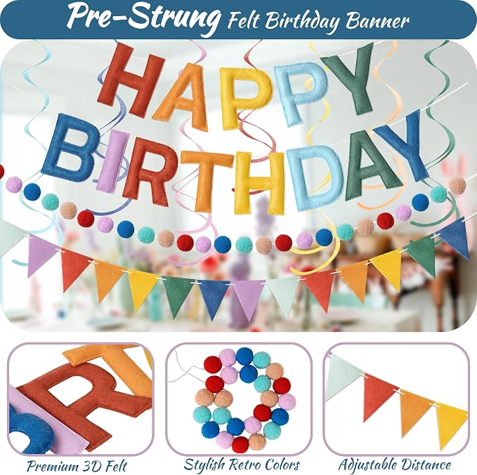 Kriyokiaa Retro Boho Rainbow Happy Birthday Banner Set - Image 3
