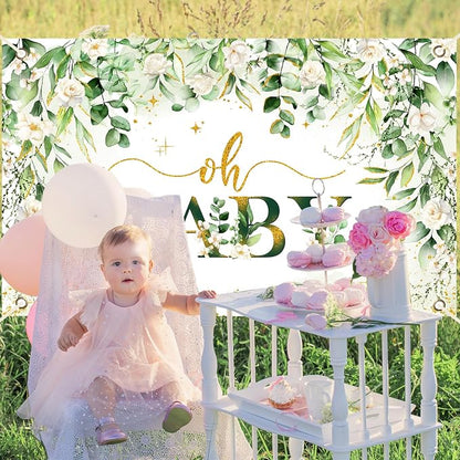 Greenery Boy Baby Shower Decorations Banner Floral Green Sage Oh Baby Backdrop - Image 5