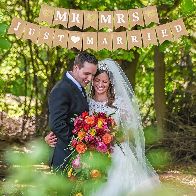 Blulu 2 Pcs Just Married Banner Burlap Wedding Mr and Mrs, Vintage Pre - Image 5