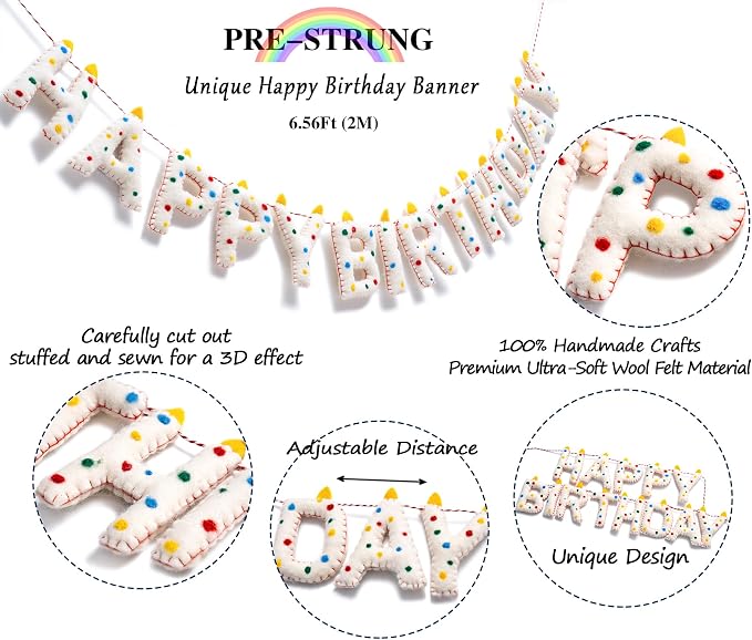 Pre-Strung Confetti Dots Handmade Wool Felt Happy Birthday Banner Garland | 3D - Image 3