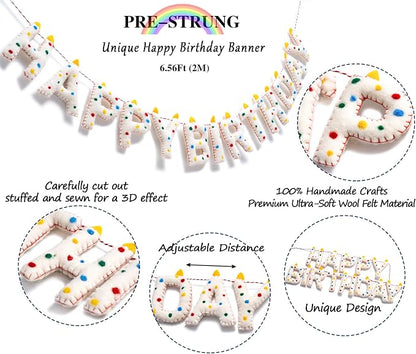 Pre-Strung Confetti Dots Handmade Wool Felt Happy Birthday Banner Garland | 3D - Image 3