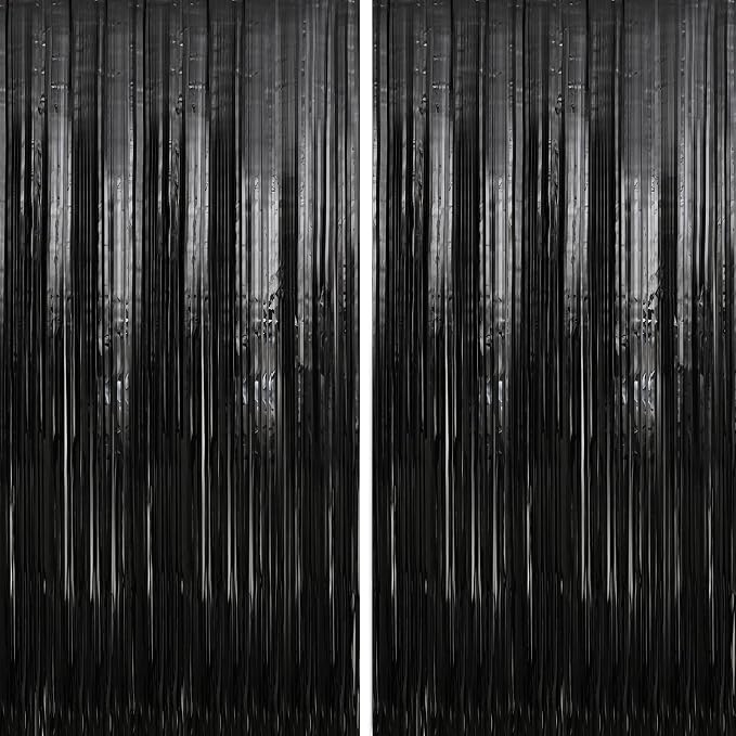 Crosize 2 Pack 3.3 x 9.9 ft Black Foil Fringe Backdrop Curtain, Streamer by Crosize