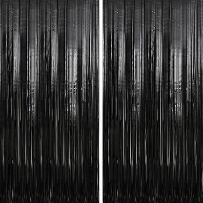 Crosize 2 Pack 3.3 x 9.9 ft Black Foil Fringe Backdrop Curtain, Streamer by Crosize