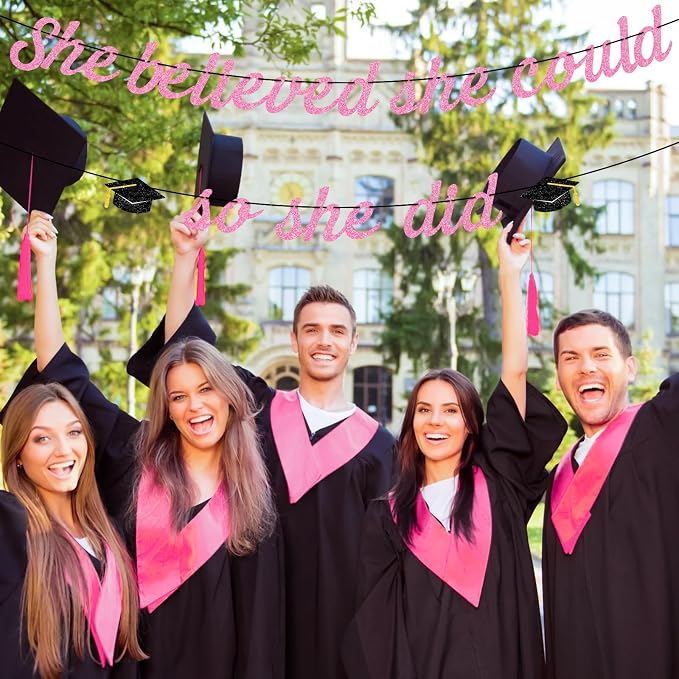 Hoogict She Believed She Could So She Did Pink Graduation Banner Decorations - Image 4