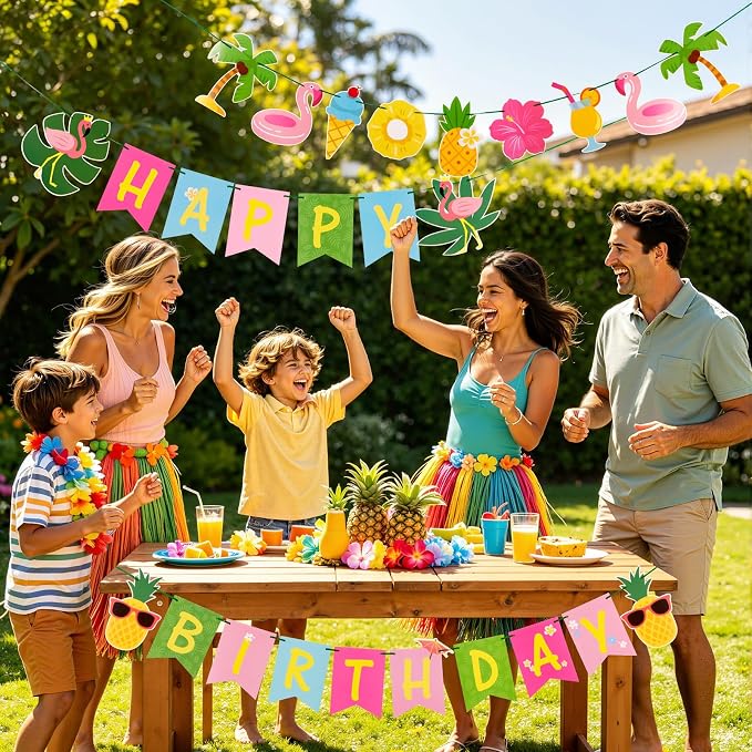 SUNBEAUTY Hawaiian Happy Birthday Banner Tropical Luau Party Birthday Flamingo - Image 6