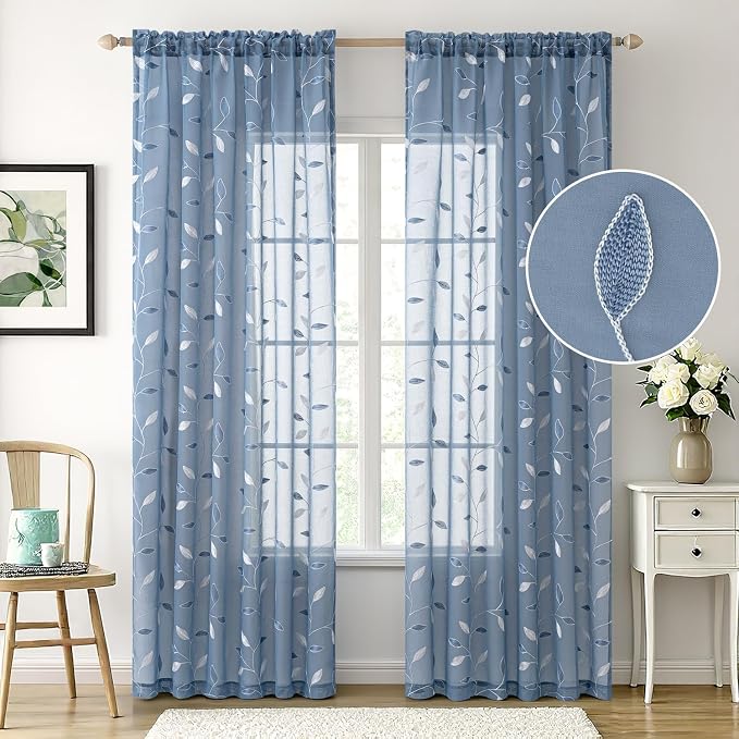 MIULEE Dusty Blue Sheer Curtains 2 Panels Leaf Patterned, W52 x L63 | - Image 2