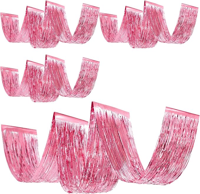 4 Pcs 15ft Pink Metallic Foil Ceiling Fringe Curtains, Party Decor Fringe Drapes by Breling