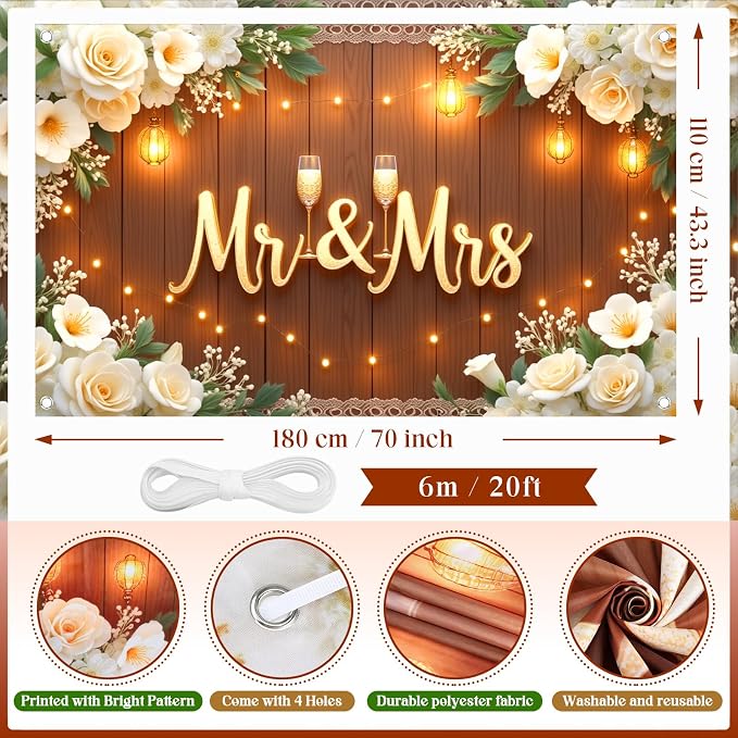 Mr & Mrs Wedding Backdrop Banner Party Decorations Engaged Banner Photo Booth - Image 2