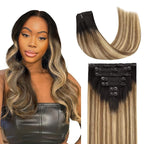 Lashey Clip in Hair Extesnions Real Human Hair 18 Inch 120g 7pcs Straight Clip in Hair Extensions Balayage Ash Brown to Honey Blonde with Dark Root Real Human Hair for Black Women
