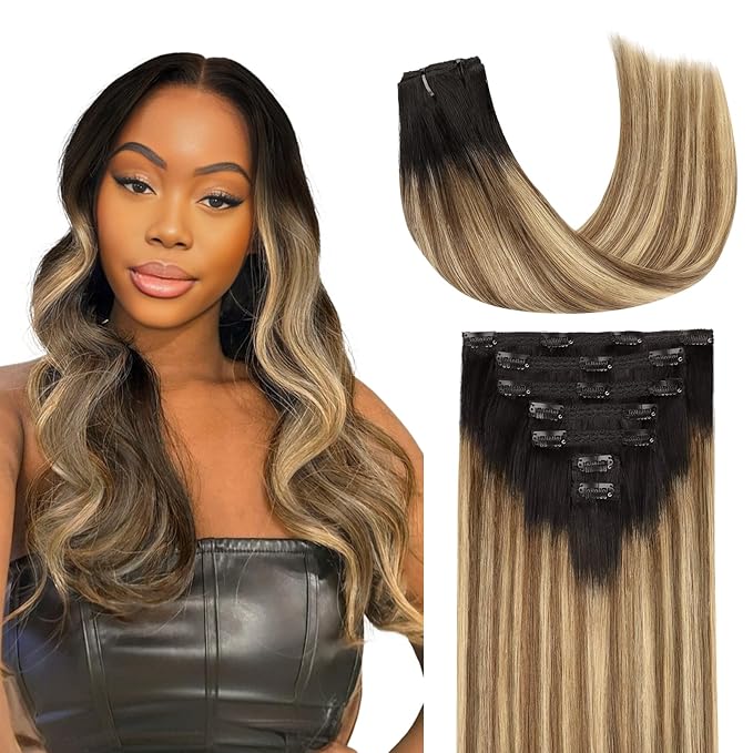 Lashey Clip ins Hair Extensions Real Human Hair 20 Inch Long Straight 120g 7pcs Balayage Ash Brown to Honey Blonde with Brown Root Real Human Hair Clip in Extensions
