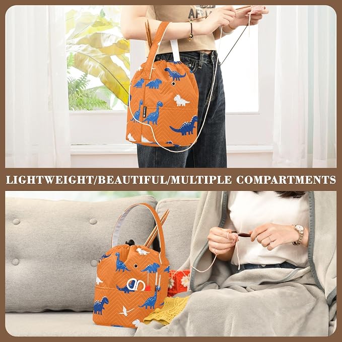Orange Cartoon Dinosaurs Yarn Bag Small Crochet Bag Drawstring Yarn Storage - Image 5